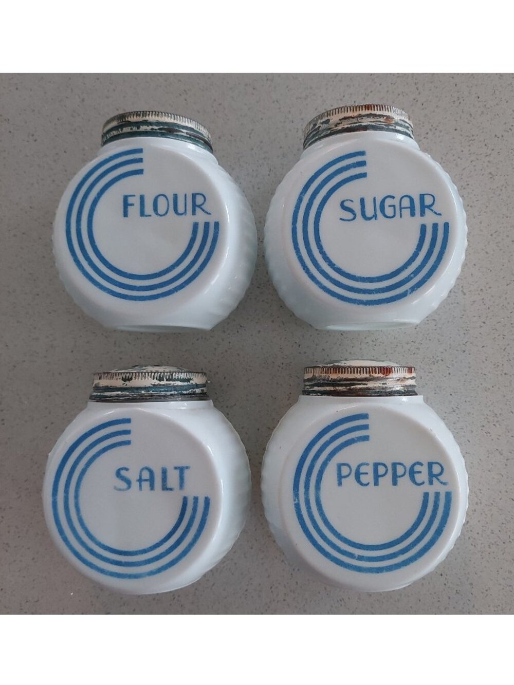 Vintage 1940s Salt Pepper Flour Sugar Shaker Fire King Milk Glass Blue Range Set